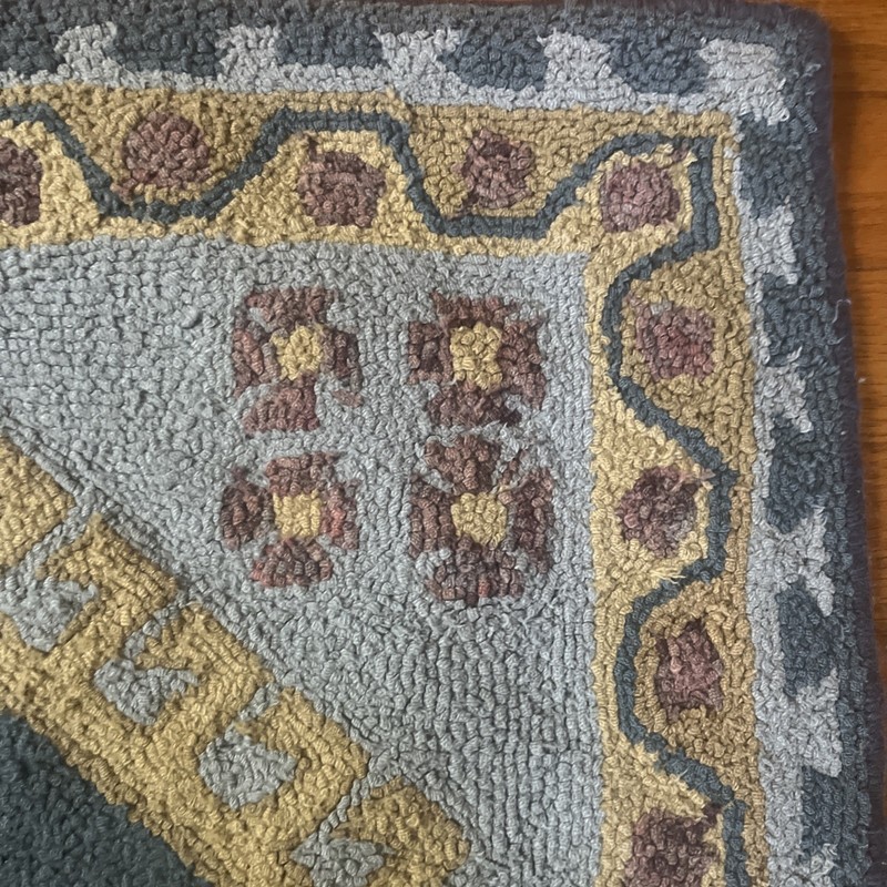 Vintage Signed FOLK ART Hooked Rug 26 x22 Geometric Flynn Flood Blue Carpet Mat gallery