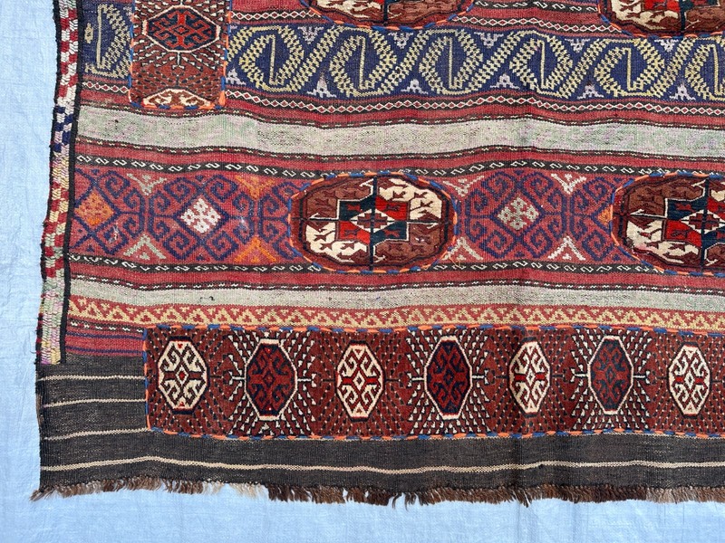 7 X 4'5 ft COLLECTORS' ITEM Vintage Bukhara Turkoman Geometric Kilim Carpet Mix gallery
