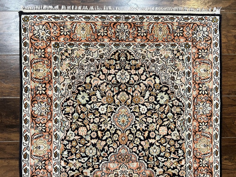 Silk Indian Kashmiri Rug 3x5 Silk on Silk Very Fine 350 KPSI Navy Blue Handmade gallery