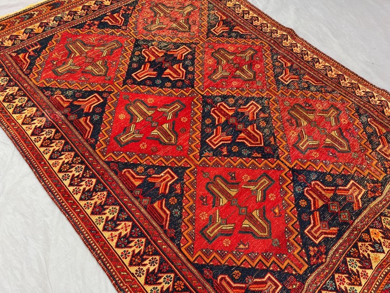 Vintage Afghan Sumak Kilim Rug 5.2x7.4 ft Hand Woven Red Navy Geometric Carpet gallery
