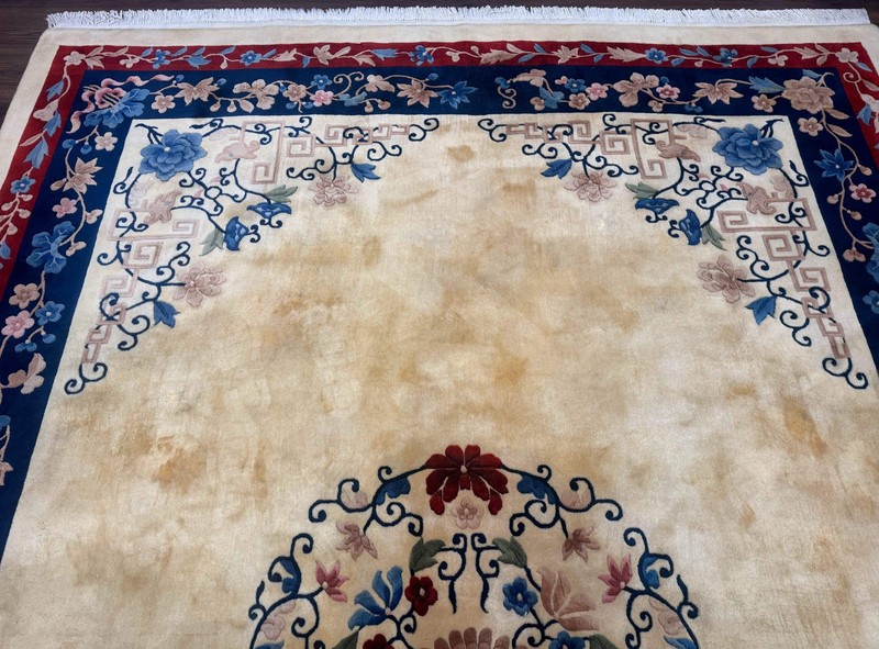 Chinese Rug 10x14 – Cream and Navy, 90 Line Vintage Wool Carpet gallery