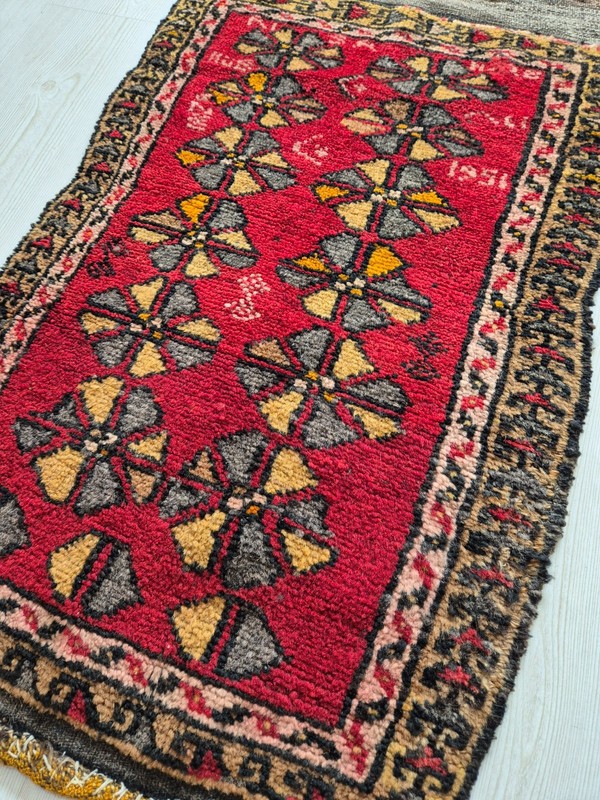Antique Rug Pillow, Hand Woven Small Carpet, Handmade, Wool, Anatolian,1951 gallery