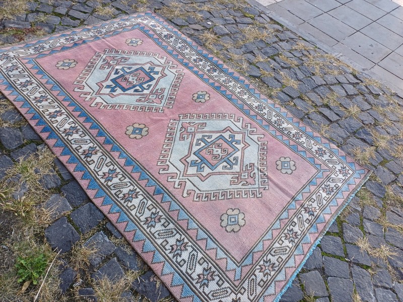 Vintage pink blue Area Rug 4.04 x 6.23 ft , 4x6 Handmade Wool Rug 123 x 190 cm gallery