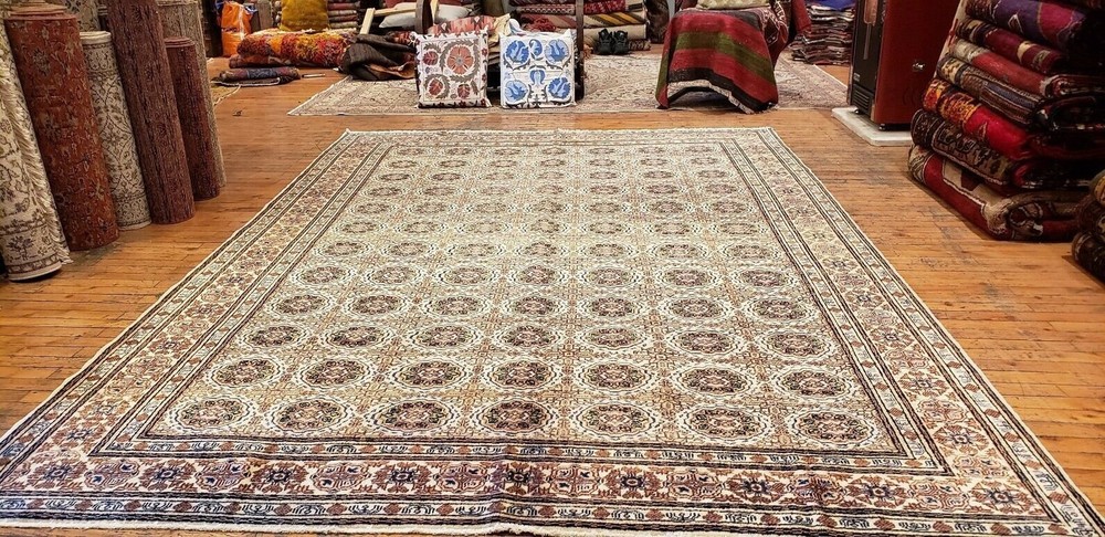 Cross Patterned Natural Dye Cr1960-1980s Vintage Wool Pile Hereke Rug 7x10ft