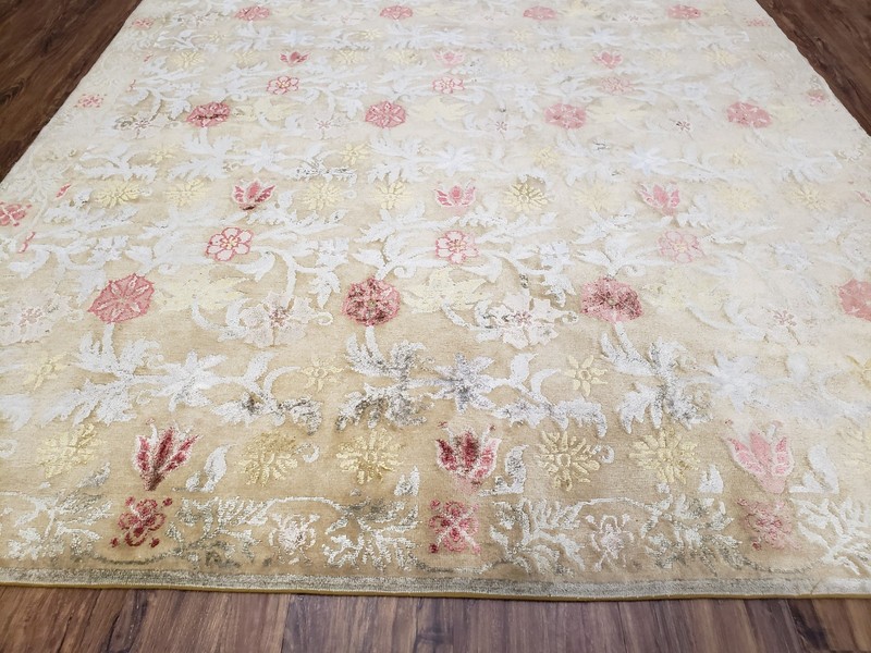 Modern Tibetan Rug 6x9 Wool and Silk Handmade Flowers Contemporary Soft Tan Nice gallery