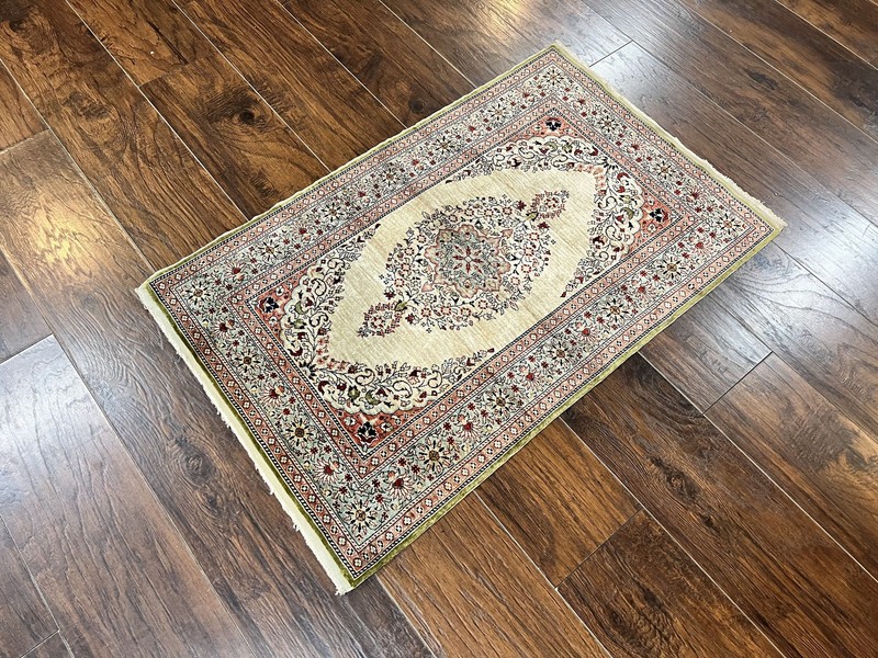Silk Turkish Rug 2x3 Handmade Kayseri Vintage Semi Open Field Medallion Carpet gallery