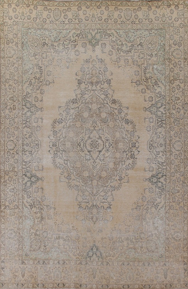 Wool Muted Distressed Rug 9x13 Handmade Medallion Room Size Semi-Antique Carpet