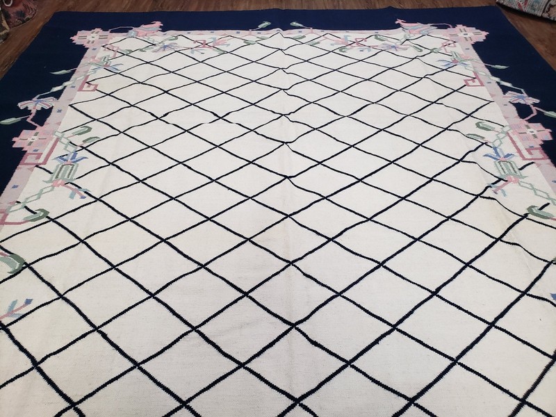 Vintage Indian Dhurrie Area Rug Wool Handmade Ivory Black Kilim Carpet 8.8 x 11 gallery