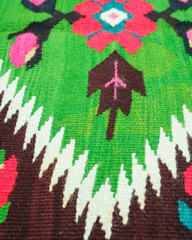 Oltenian Kilim Runner 100% Wool Geometric Green Pink Fuchsia 1970s Romania 15x6f gallery