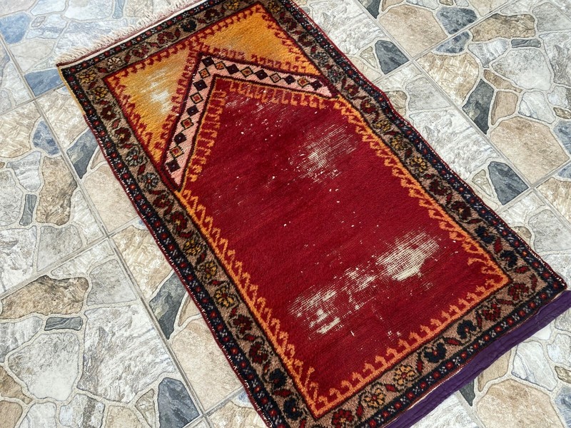 Vintage Turkish Prayer Rug, Wool Hand-Knotted Oushak Antique Farmhouse Rug 2x3 gallery