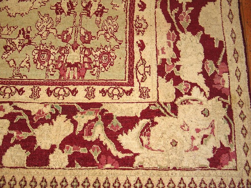 Antique Indian Agra Carpet 11'×29' Celadon & Burgundy, Geometric, Circa 1890 gallery
