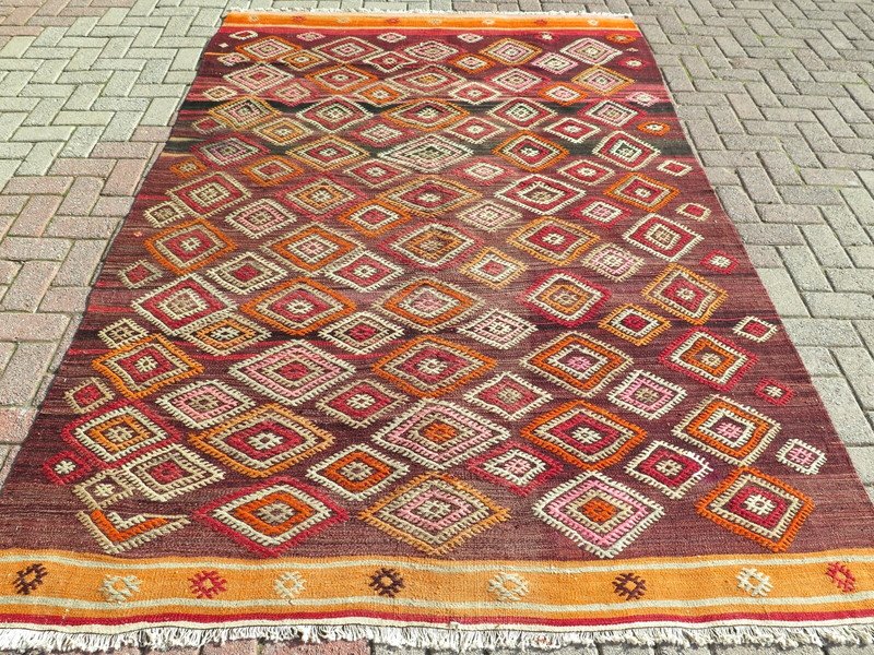 Antique Turkish Tribal Kilim Wool Area Rugs, Large Floor Carpet Teppich 69"x107" gallery
