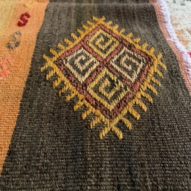 Handmade Turkish Wool Carpet Kilim Halı Black/Brown/Mustard/Pink/Gray/Blue 54x40 gallery