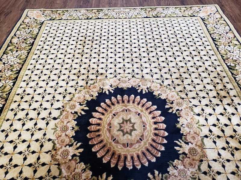 Indian Rug with Tibetan Weave 6x8 - 6x9 Rugs Indo Carpet Black and Cream Floral gallery