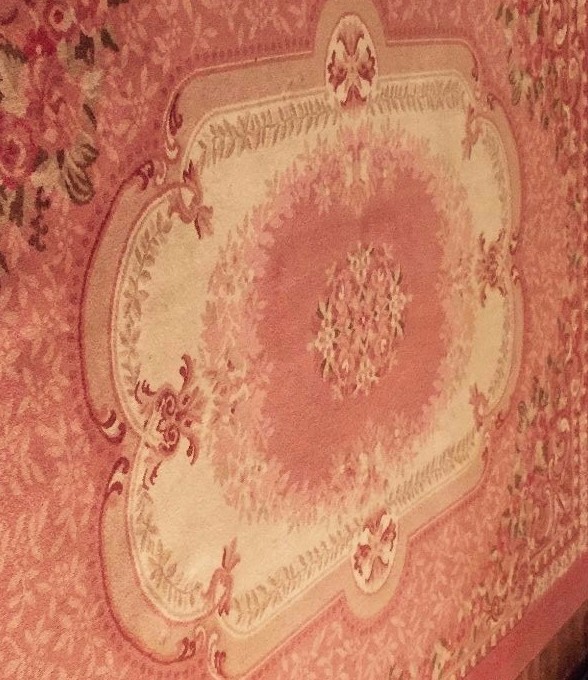 Vintage Large PINK Floral WOOL Rug~French Scrolls Detailed Borders with Fringe gallery