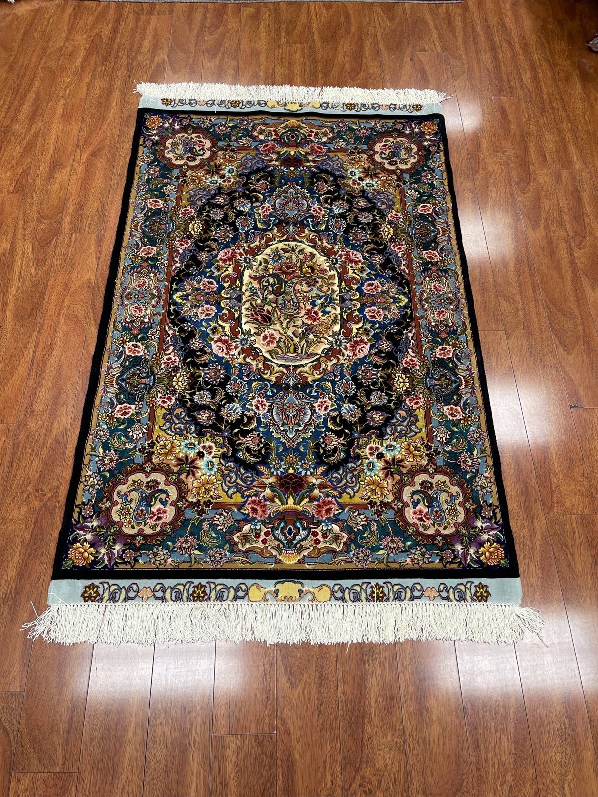 Authentic Hand Made Rug Silk Middle Eastern 3x5 Feet Blue gallery