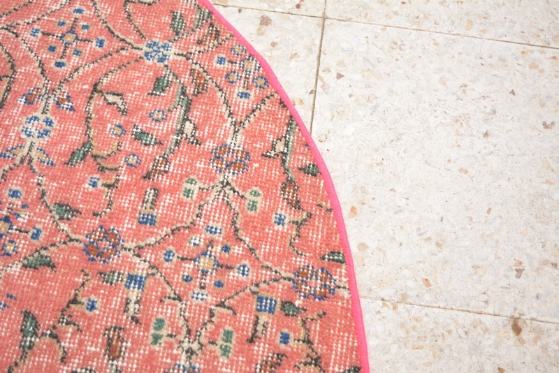 Red Handmade Round Rug, 3.4x3.4ft, Turkish Red Floral Boho Rug, Hall Door Mat, gallery