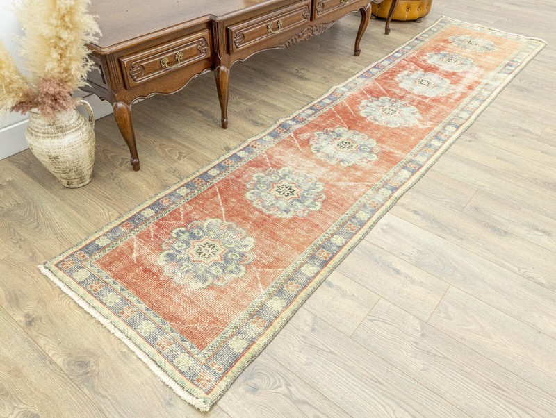 Rustic Turkish Oushak Runner – 2.7x11.7 ft – Distressed Pastel Red & Blue Rug gallery