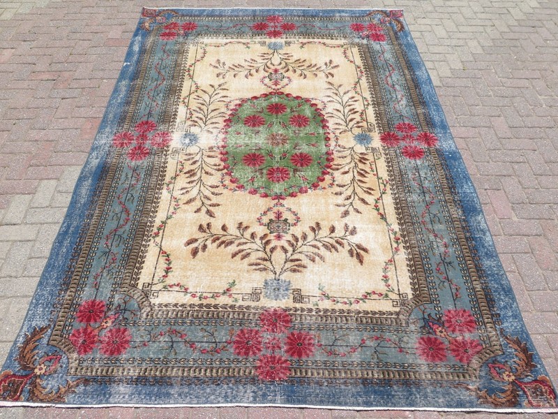 Vintage Turkish Handmade Area Rug Large Floor Carpet Blue Wool Home Rug 80"X119" gallery