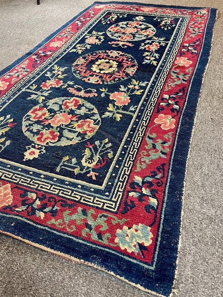 Collectible Rare Antique Tibetan Rug with Metole Design All Vegetable Dyed Wool gallery