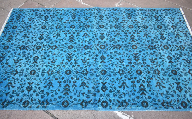 Vintage Turkish Rug 48'' x 81'' Hand-knotted Over Dyed Blue Rug Painted Wool Rug gallery