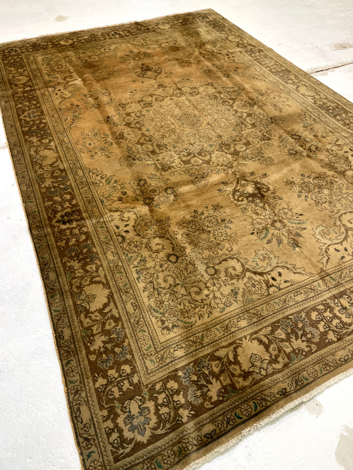 Antique Oriental Hand-Knotted Wool Area Rug Tea Washed Beige/Blue 6'5" x 9'11" gallery