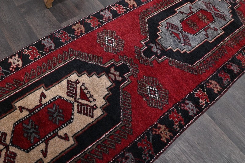 Vintage Turkish Runner Rug 3x13ft Wool Anatolian Handmade Hallway Oushak RED gallery