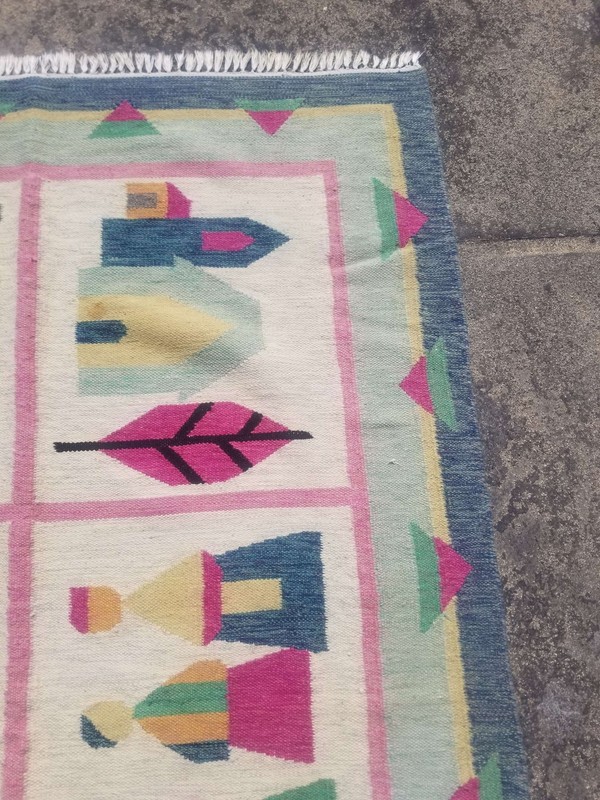 Vintage Hand Made Pictorial Dhurrie Wool Multicolor Kilim Rug 203x133cm gallery