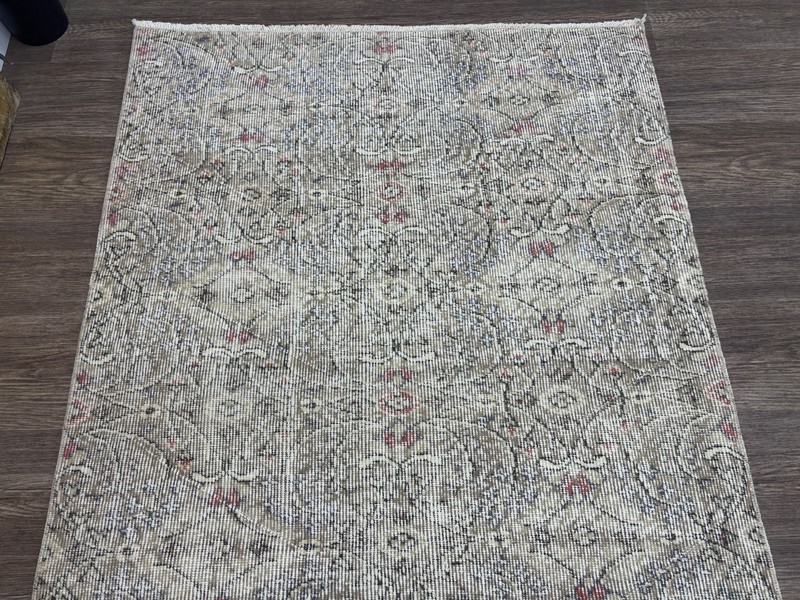 4x7 Beige Gray Vintage Turkish Area Rug, Hand-Knotted Wool Boho Living Room Rug gallery