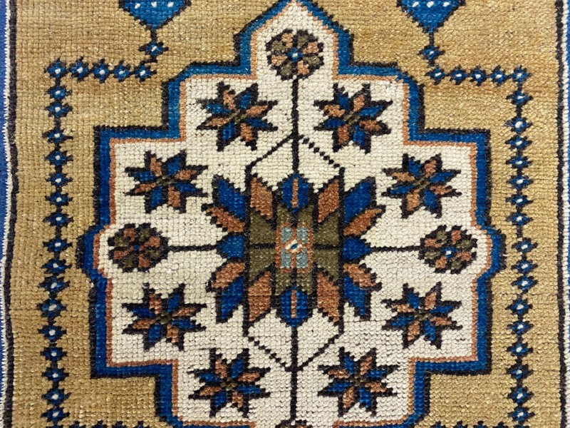 Vintage Anatolian Rug 1.3x2.8ft Antique Geometric Medallion Blue Gold Carpet Mat gallery