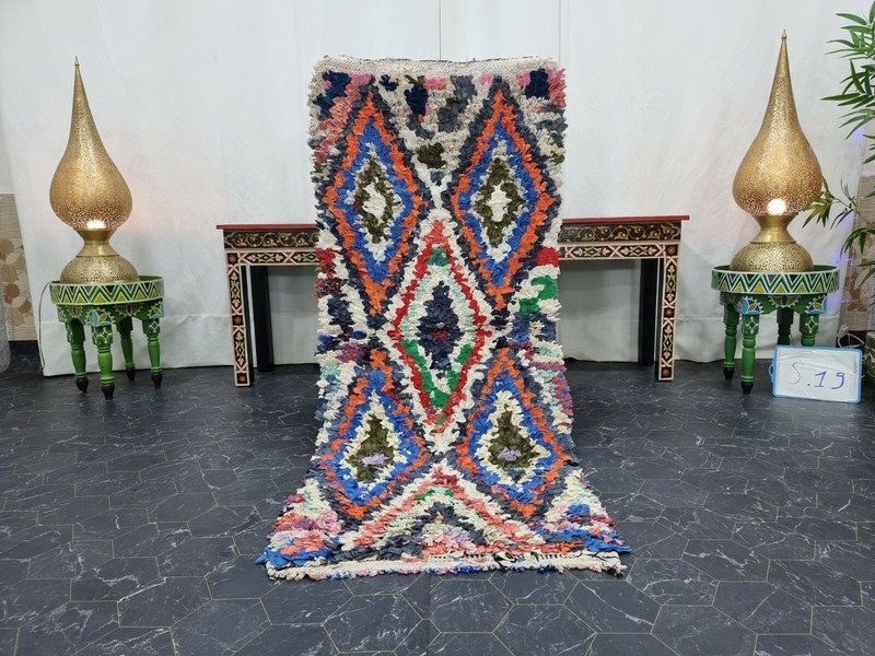 Moroccan Handmade Vintage Boucherouite 2'1"x5'3" Berber Geometric Orange Carpet gallery