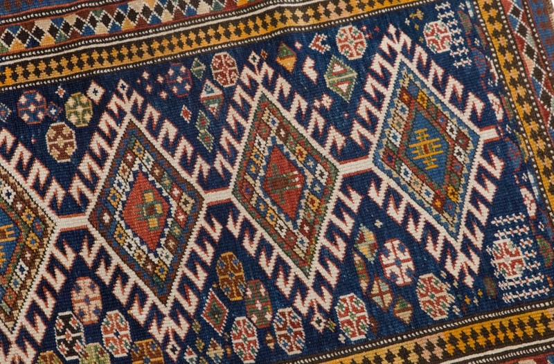 Vintage Handwoven Wool Rug, 60-Year-Old Geometric Tribal Blue Accent, 88 x 132cm gallery