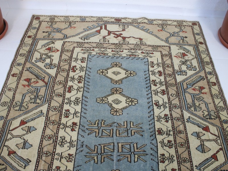 Vintage Turkish Wool Area Rug 4x6 ft | Handmade Wool Beige Blue Rug | 4x6 Ft gallery