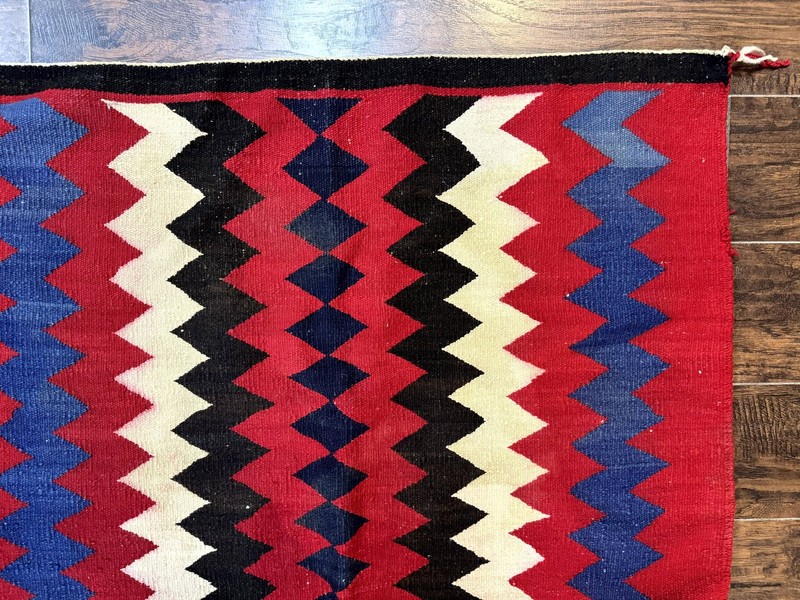Antique Navajo Rug 3.7 x 2.8, Red Ivory Blue, Zig Zag Pattern, Handmade, Wool gallery