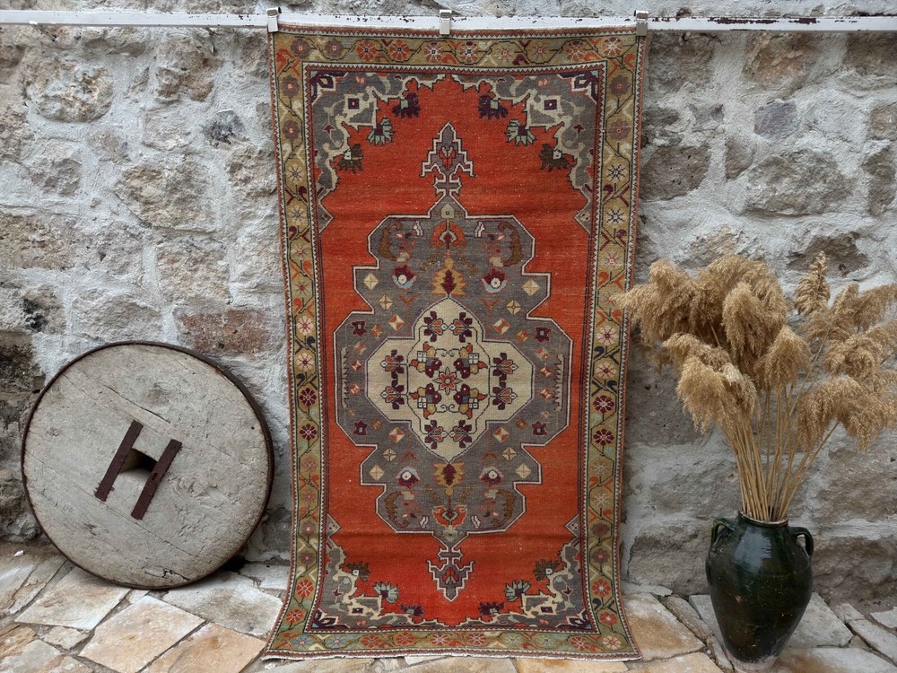 Hand-Knotted Vintage Area Rug 4x8 Pale Orange Wool Traditional Carpet Anatolian