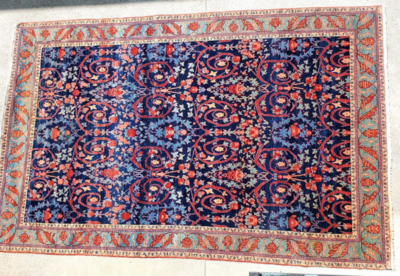 Antique Large Mustafi Bijar Navy Blue Ground Handwoven Tribal Design Rug gallery