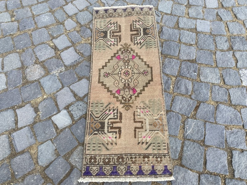 Vintage Turkish Rug, Hand-Knotted Wool, Sand Beige Tribal Small Runner Doormat gallery