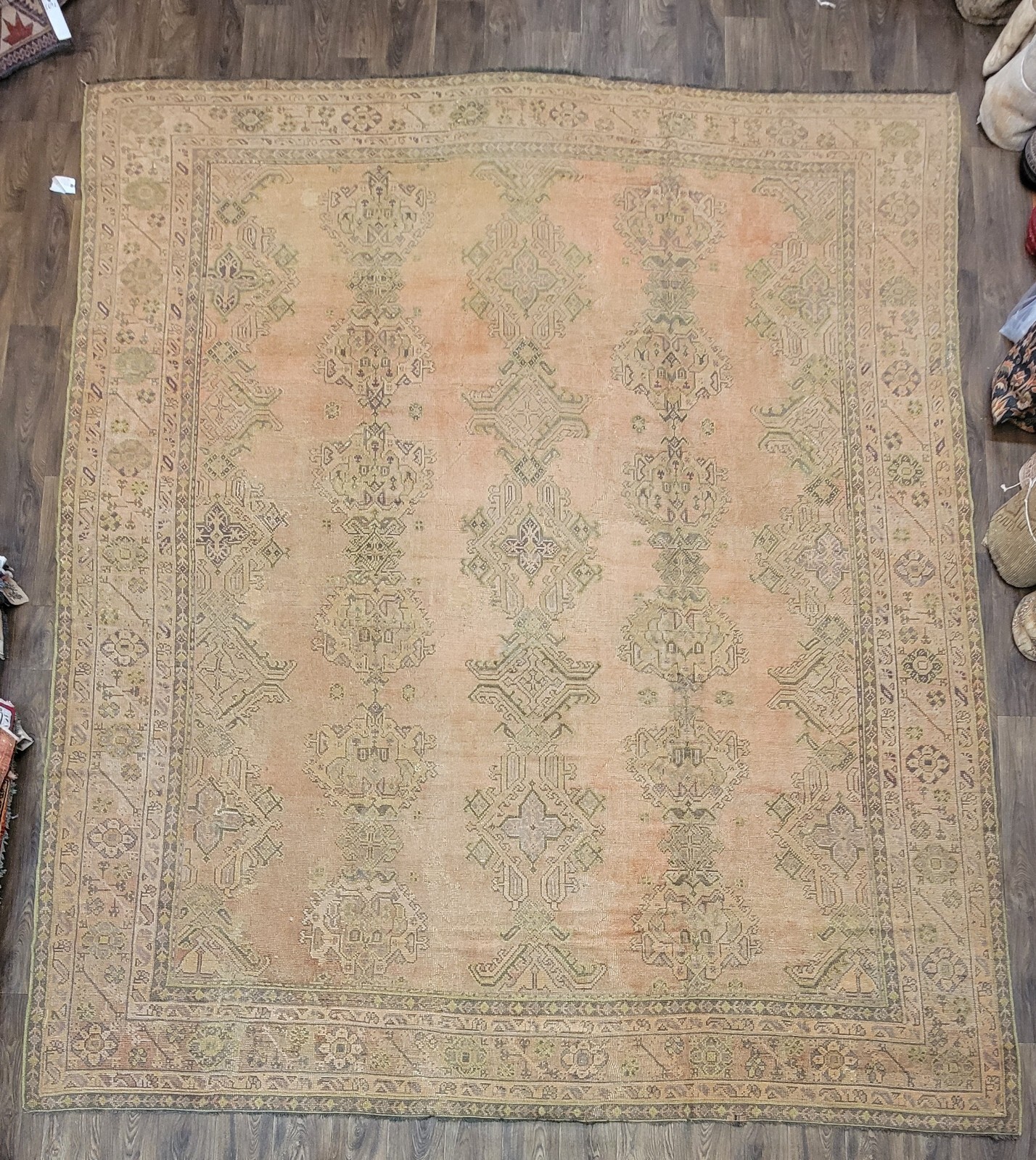 ANTIQUE handwoven Turkish Oushak 11'5"x14ft soft colors circa 1920s gallery