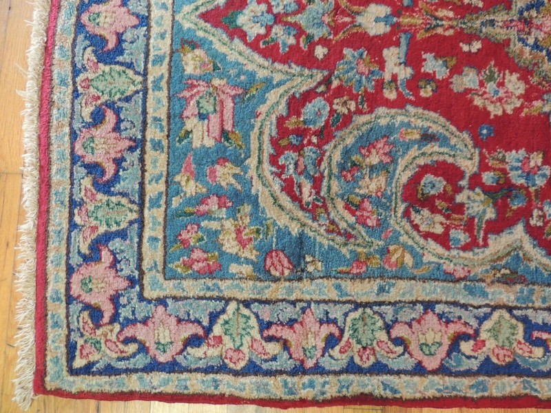 Antique 4x6 Kermaan Oriental Area Rug Red Blue fleur de lis design wool plush gallery