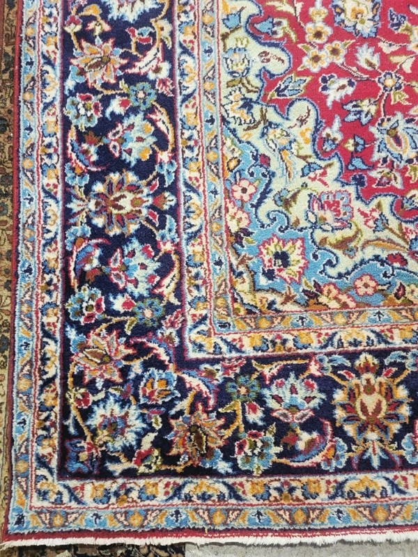Vintage Hand-Knotted Wool Rug 8x11 – Elegant Oriental Red Field Blue Border gallery