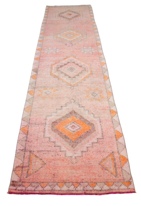 Turkish Runner Rug HandMade Wool Long Hallway Rug PINK Kitchen Decor 3x12.3 ft gallery