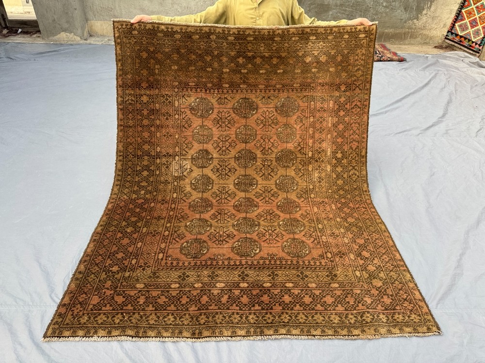 5x6 Antique Turkmen Hand-Knotted Low Pile Rug – Rare Vintage Kitchen Area Rug
