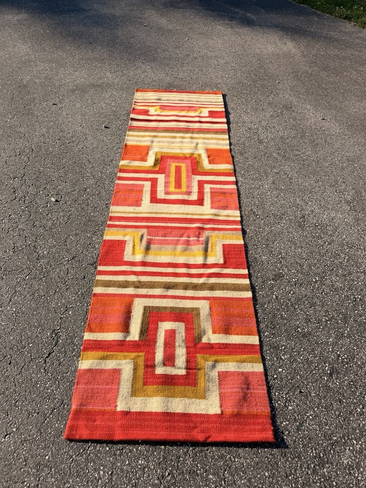 Vintage Geometric Flat Weave Runner Rug Wall Hanging 26.5x96.5 Boho MCM Wool