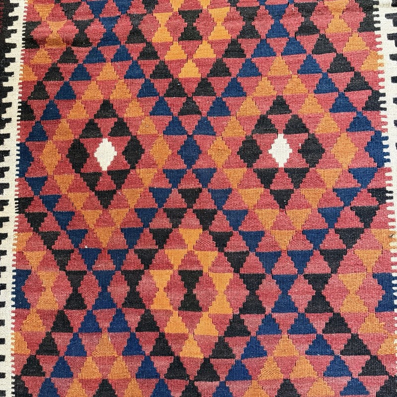 Vintage Handwoven Wool Kilim Rug – Bold Tribal Geometric Design 66” x 100” gallery