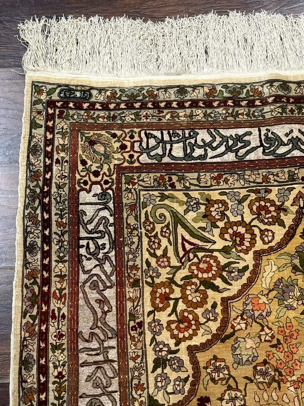 Silk Turkish Hereke Rug 3x5, Gold, Silk with Metal Threads, 700 KPSI gallery