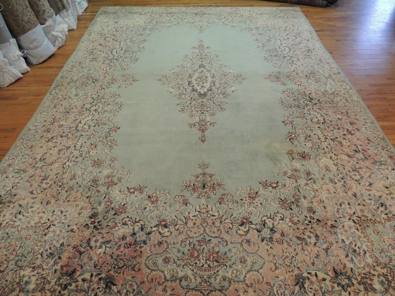 10x14 Antique Kermaan Oriental Area Rug wool Pastel Green Pink Salmon gallery