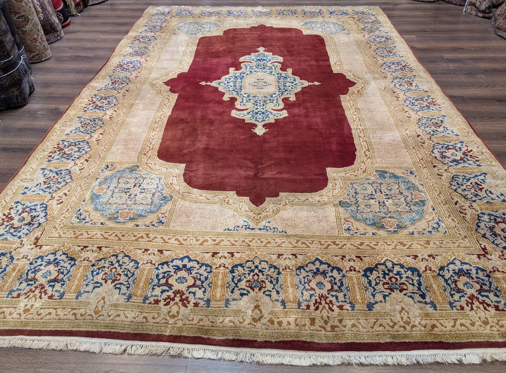 Per'sian Kirman Rug 8x11, Red Semi Open Field, Handmade Wool Carpet