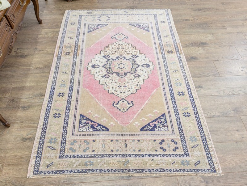 Vintage Traditional Turkish Oushak Wool Rug 3.10x5.11 ft Handmade Area Carpet gallery