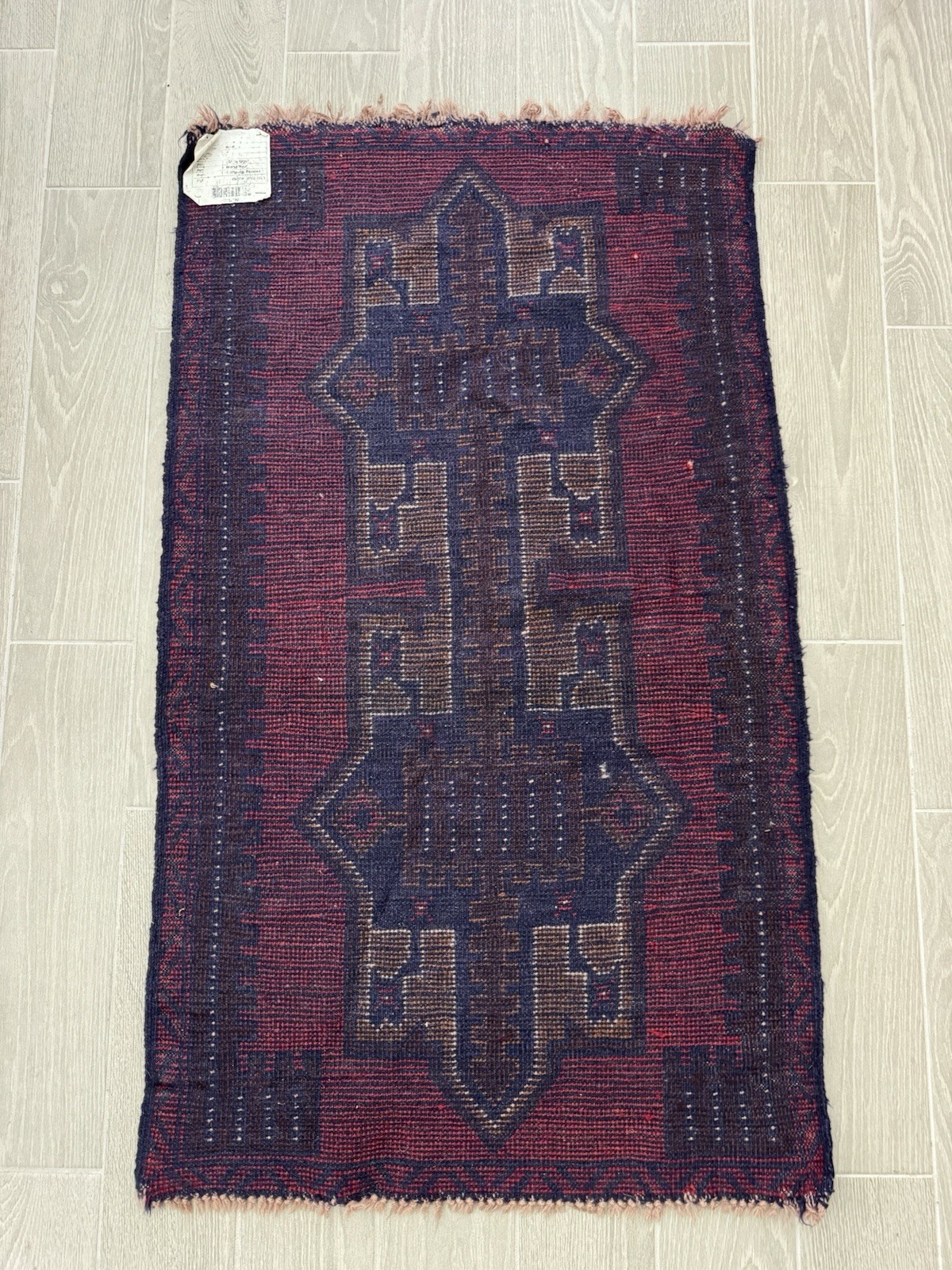 Hand-Knotted Prayer Balouch Red Blue Wool Oriental Rug 4’ 4” x 2’ 6.5” gallery