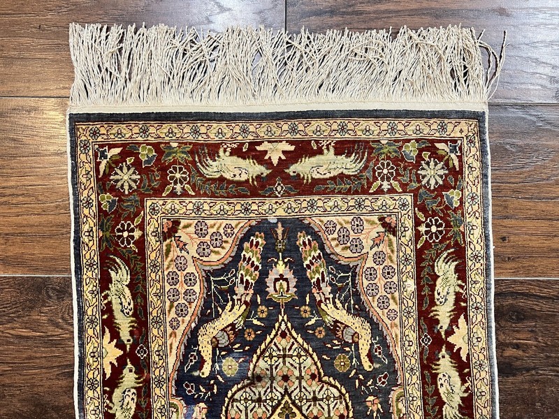 Silk Turkish Hereke Rug 2x3 Peacocks Birds Signature Fine Hand Knotted gallery